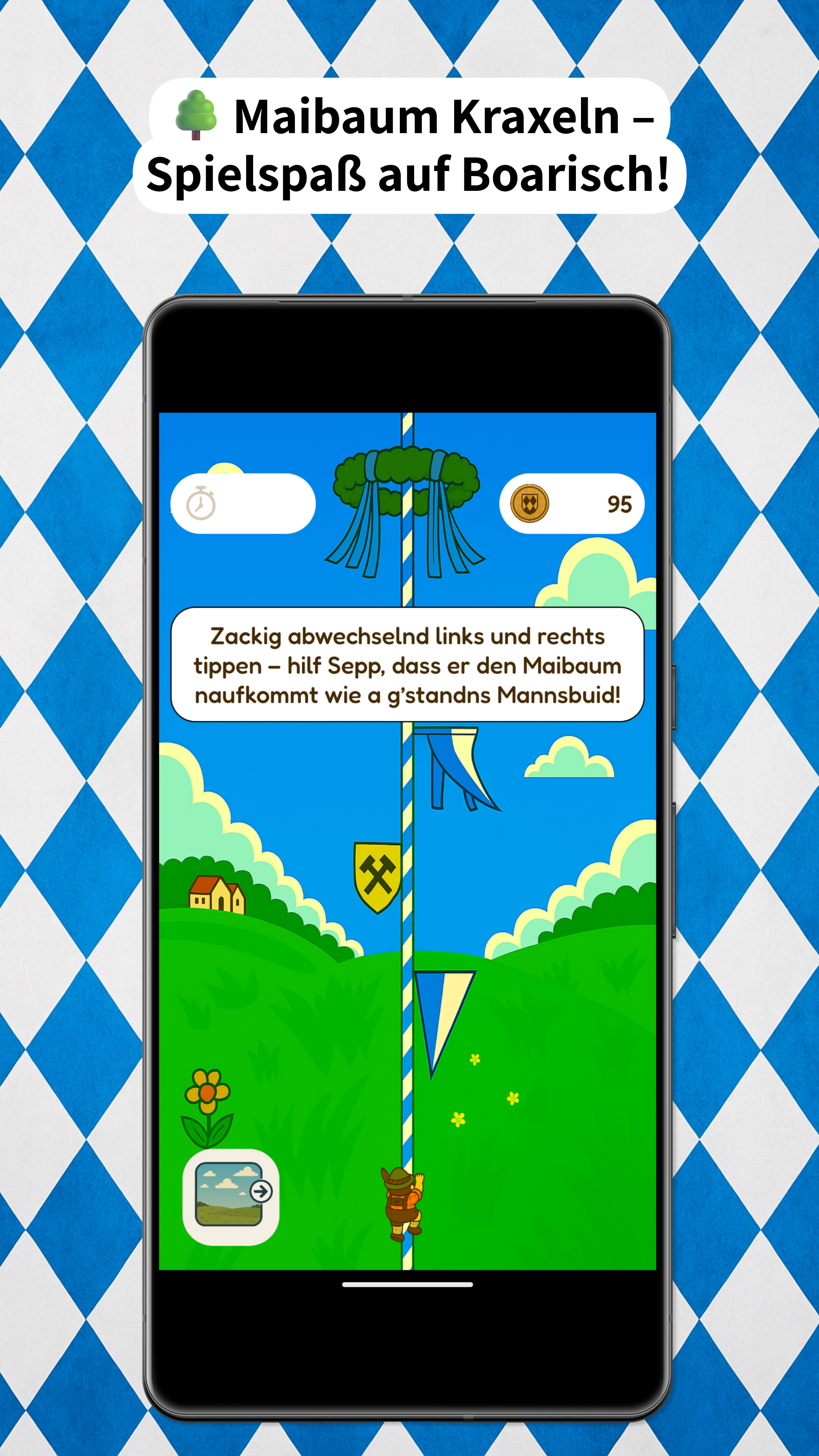 Screenshot vom Maibaum-Kraxeln-Spiel in An Sepp sei App